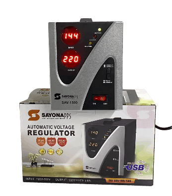 Automatic voltage regulator SAV-1500 with digital display and USB port, gray control unit